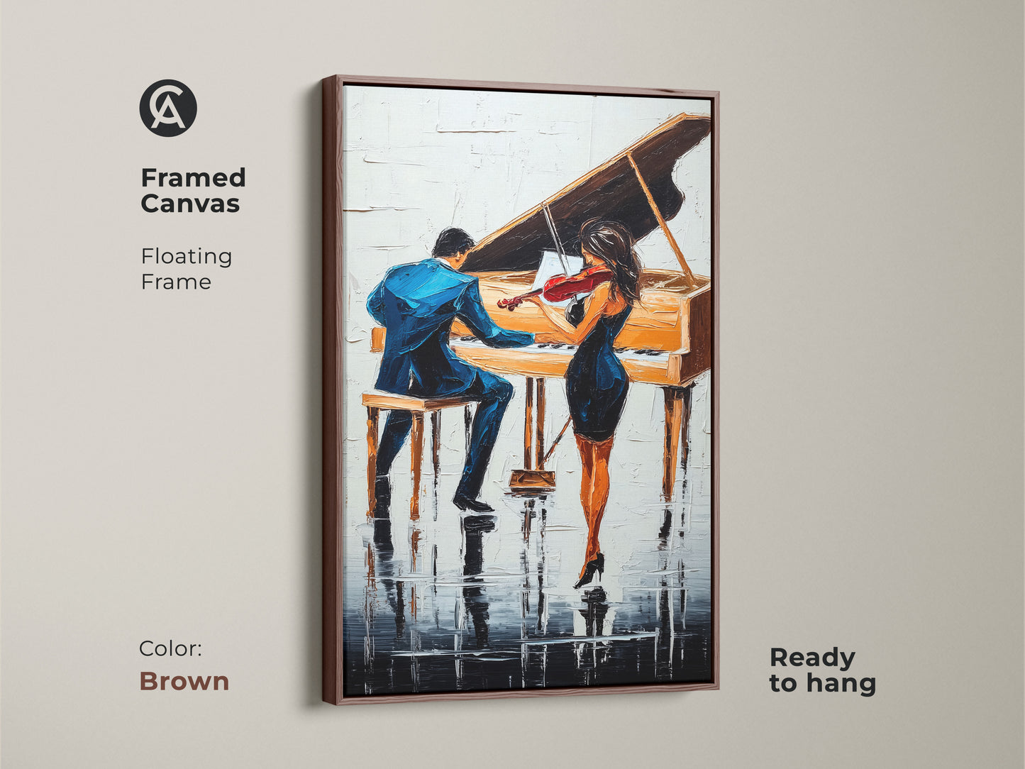 This framed canvas highlights abstract piano art. It is ready to hang in a floating brown frame. The impressionist couple displays artwork for the dining room. This makes a great anniversary gift.
