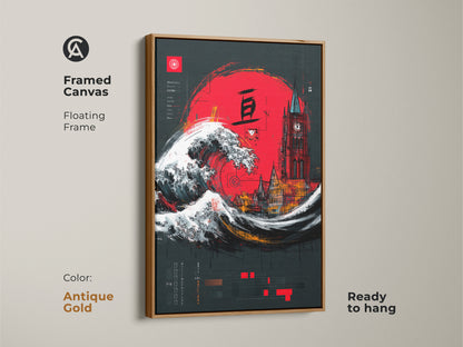 Framed canvas print featuring Crimson Red Ukiyo-e Wave & Gothic Tower artwork. It has a floating antique gold frame and is ready to hang. The Japanese cityscape wall art features a bright red sun. It is an eclectic piece perfect as a travel-themed gift or housewarming present.