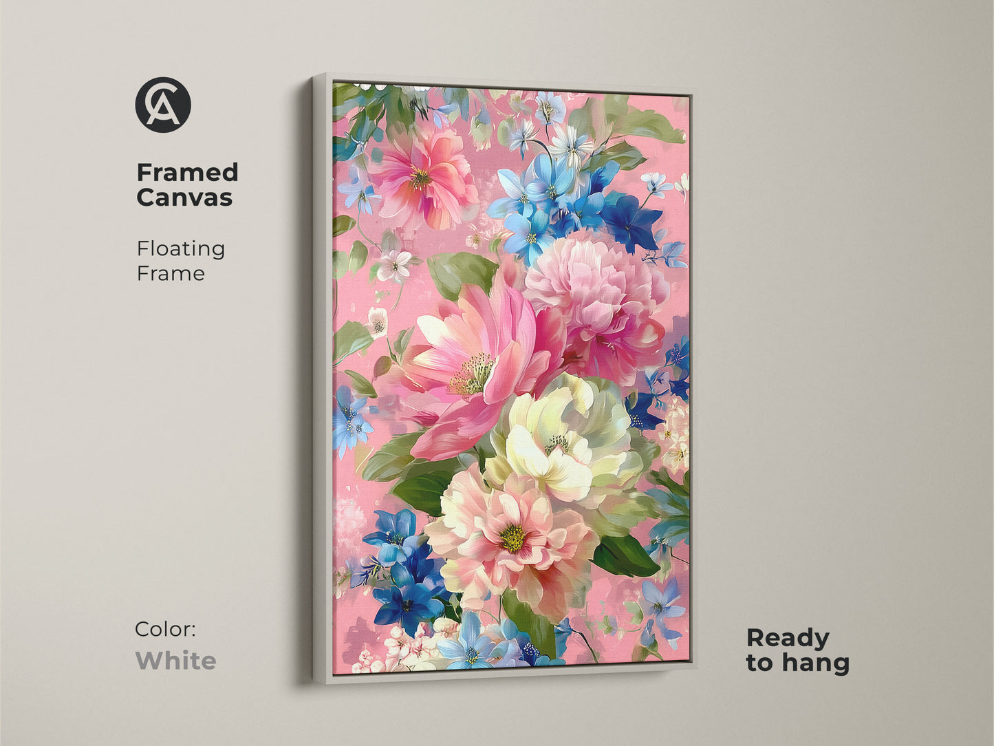 White framed canvas featuring romantic pink peony and blue daisy botanical artwork. Impressionistic style boho floral art is ready to hang. Perfect for bedroom or living room wall decor. The floating frame enhances the floral art print.