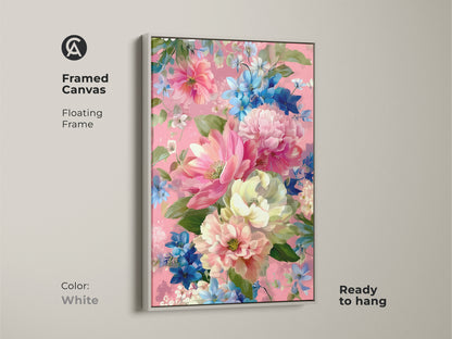 White framed canvas featuring romantic pink peony and blue daisy botanical artwork. Impressionistic style boho floral art is ready to hang. Perfect for bedroom or living room wall decor. The floating frame enhances the floral art print.