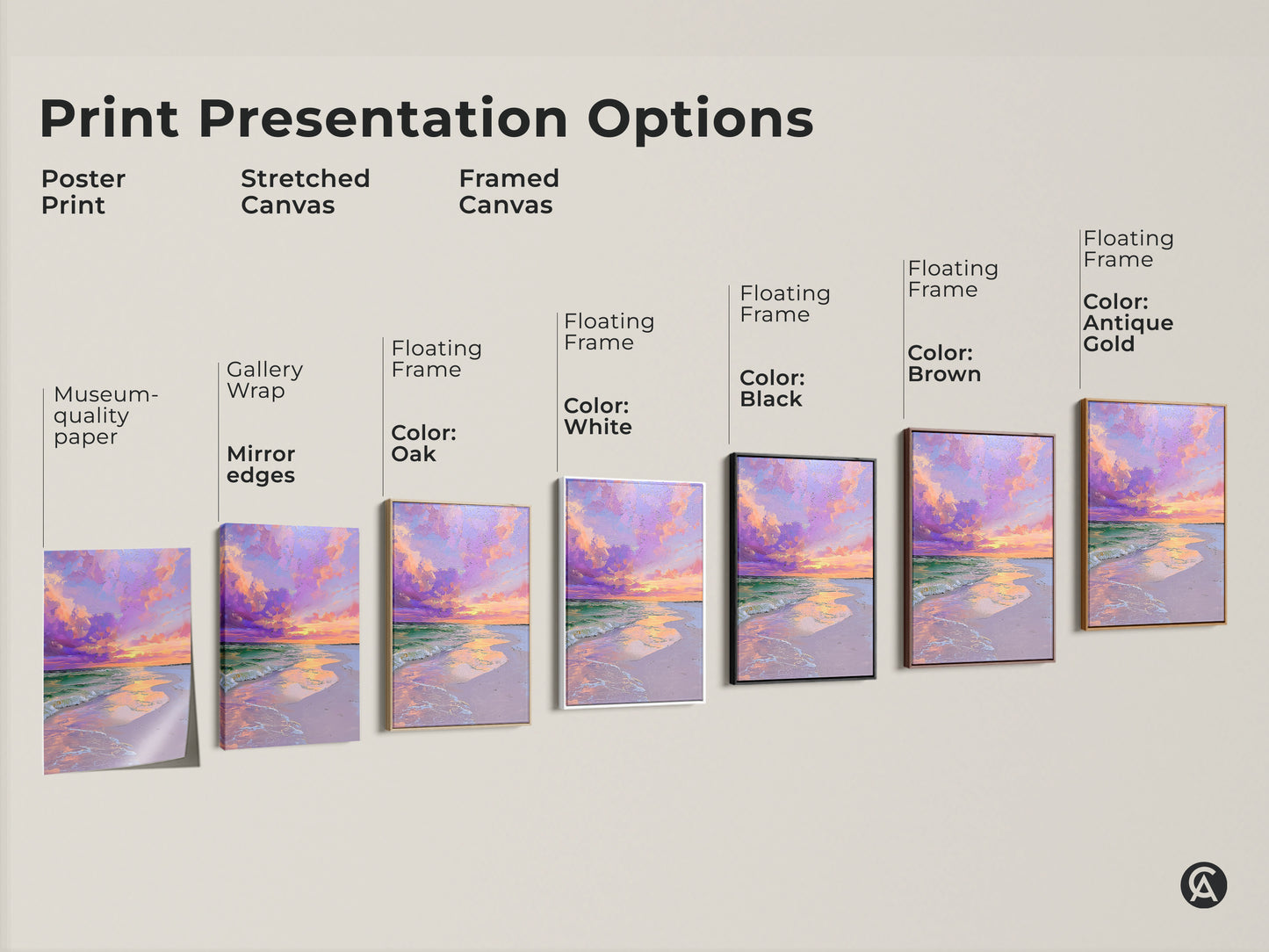 Explore print presentation options for ocean sunset artwork. Choose from poster prints stretched canvas or framed canvas. Pick a floating frame in white black brown oak or antique gold. Find your perfect coastal wall art.