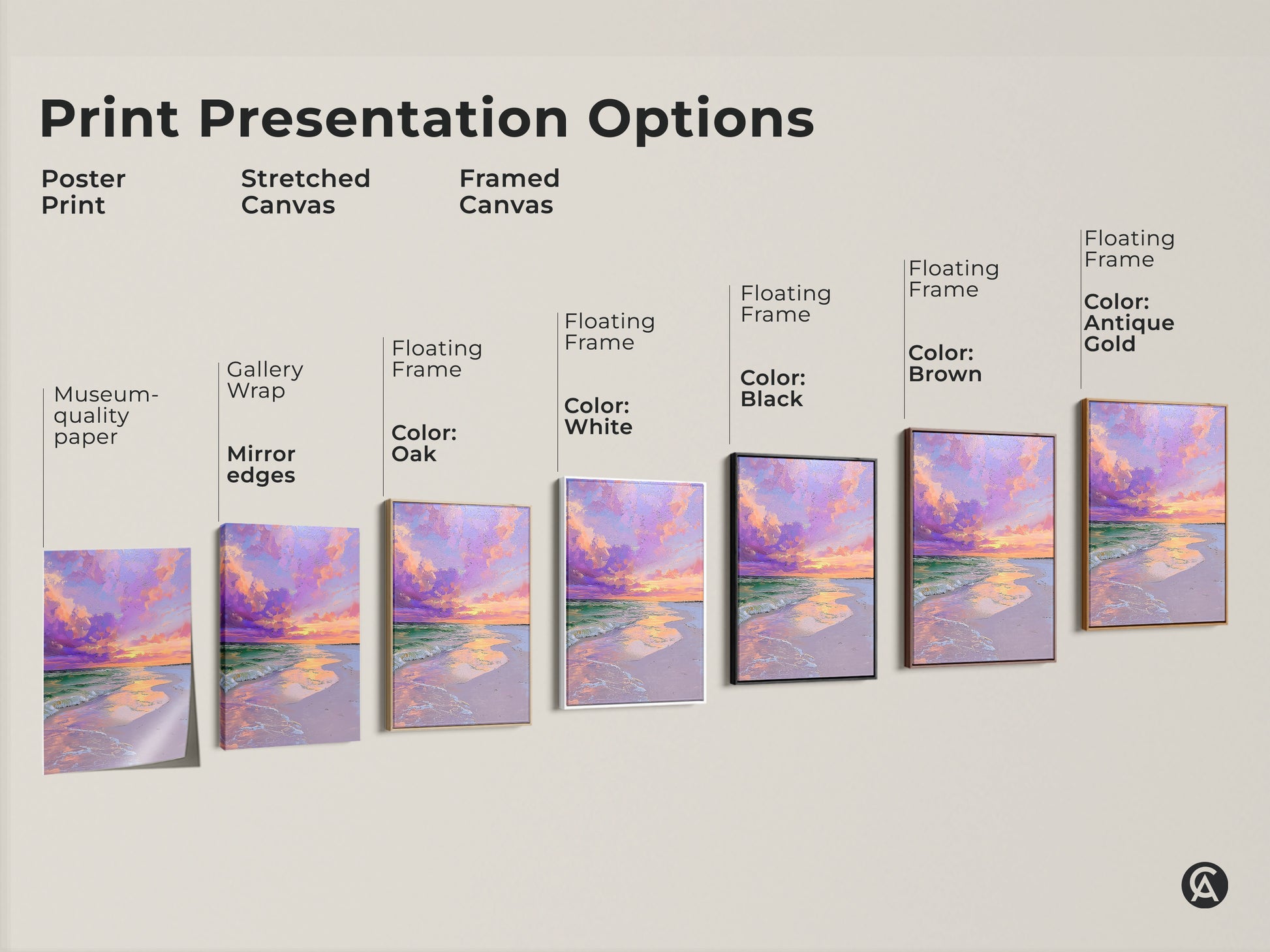 Explore print presentation options for ocean sunset artwork. Choose from poster prints stretched canvas or framed canvas. Pick a floating frame in white black brown oak or antique gold. Find your perfect coastal wall art.