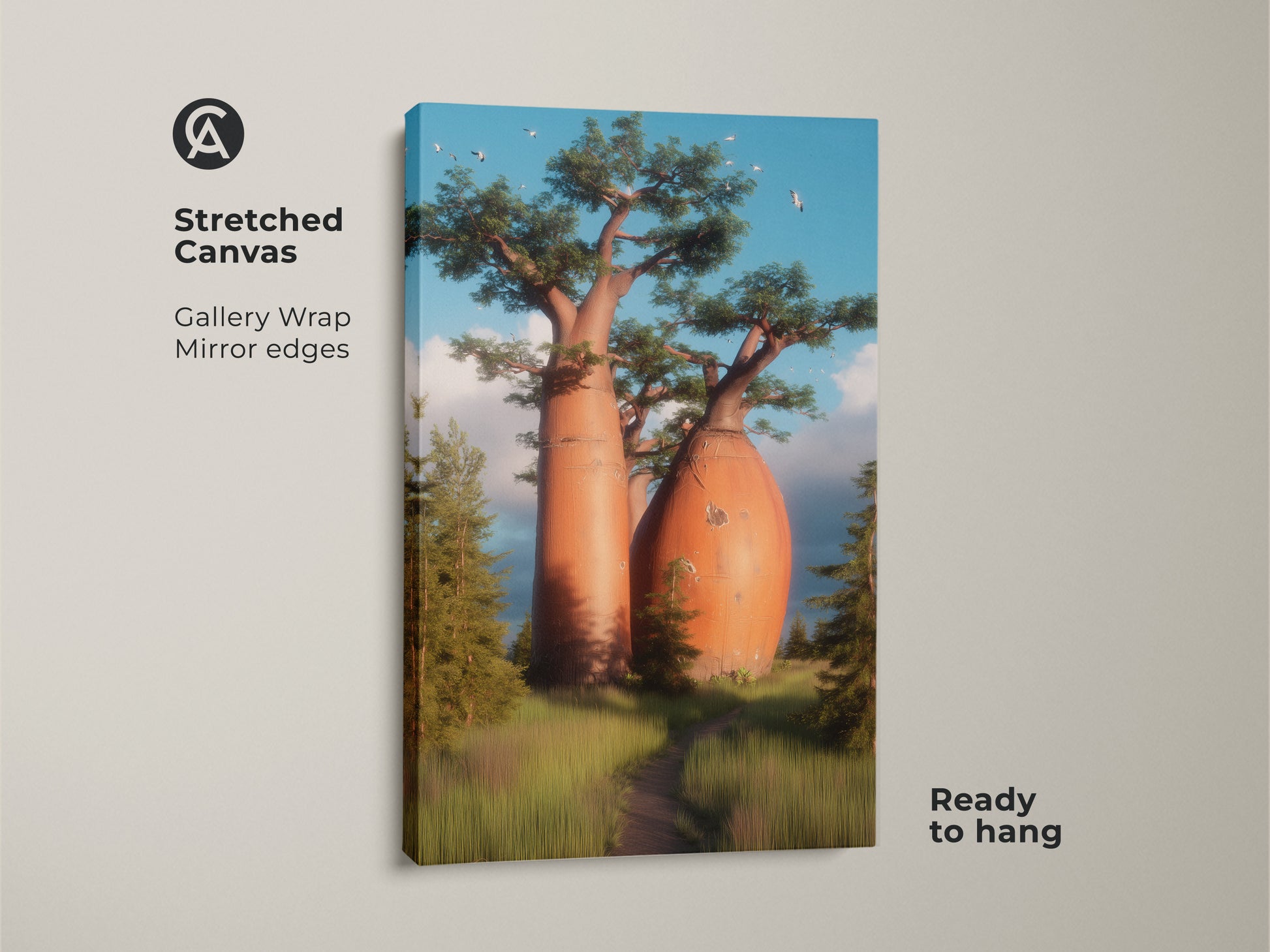 Stretched canvas print of an African Savanna scene. The gallery wrap features mirror edges showcasing realistic nature photography of baobab trees. Ready to hang this orange blue green landscape enhances eclectic home decor. It is a thoughtful gift for travel enthusiasts.