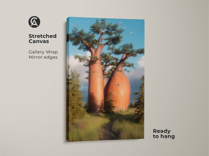 Stretched canvas print of an African Savanna scene. The gallery wrap features mirror edges showcasing realistic nature photography of baobab trees. Ready to hang this orange blue green landscape enhances eclectic home decor. It is a thoughtful gift for travel enthusiasts.
