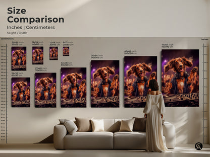 Size comparison for the Dachshund DJ art print. This eclectic canvas art offers various sizes. See how it fits above a sofa. Envision the perfect scale for your space. From small to large find the ideal fit. This fun animal artwork is great for dog and music lovers.