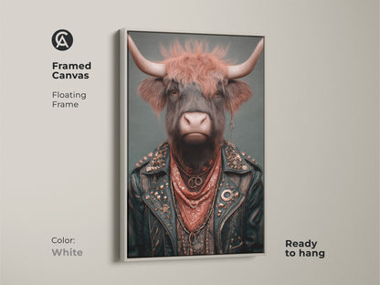 Framed canvas featuring punk rock highland cow art in a white frame. The light frame makes this cow wearing jacket art versatile for any room. A high quality art print suited for any eclectic setting.