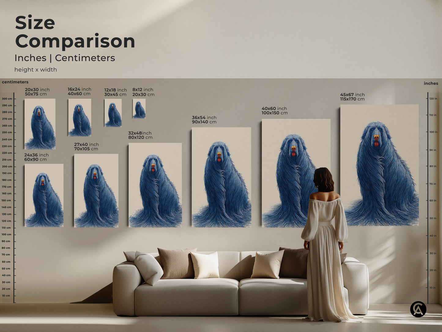 Size comparison shows surreal blue dog art in various dimensions. See how this unique animal artwork fits above a sofa. Perfect for dog lovers seeking abstract animal wall art.