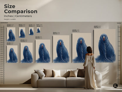 Size comparison shows surreal blue dog art in various dimensions. See how this unique animal artwork fits above a sofa. Perfect for dog lovers seeking abstract animal wall art.