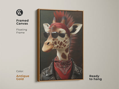 Antique gold framed canvas of a cool giraffe artwork with a floating frame. This punk aesthetic decor is ready to hang. Perfect unique animal portrait for a study room wall. Eclectic wildlife art print.
