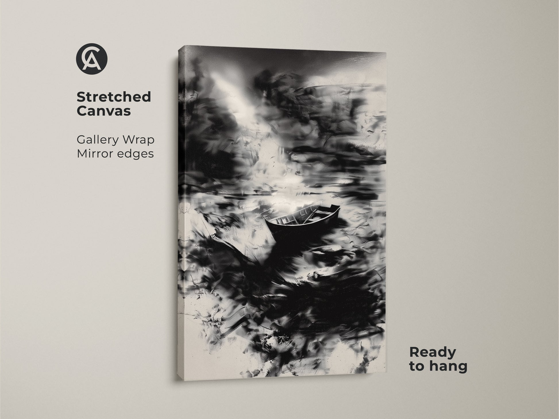 This minimalist black and white abstract boat art is printed on a stretched canvas. The gallery wrap features mirror edges. This monochrome landscape makes for modern bedroom decor. Ready to hang this serene water print for instant elegance. It's a perfect piece of abstract nature artwork.