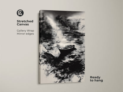 This minimalist black and white abstract boat art is printed on a stretched canvas. The gallery wrap features mirror edges. This monochrome landscape makes for modern bedroom decor. Ready to hang this serene water print for instant elegance. It's a perfect piece of abstract nature artwork.