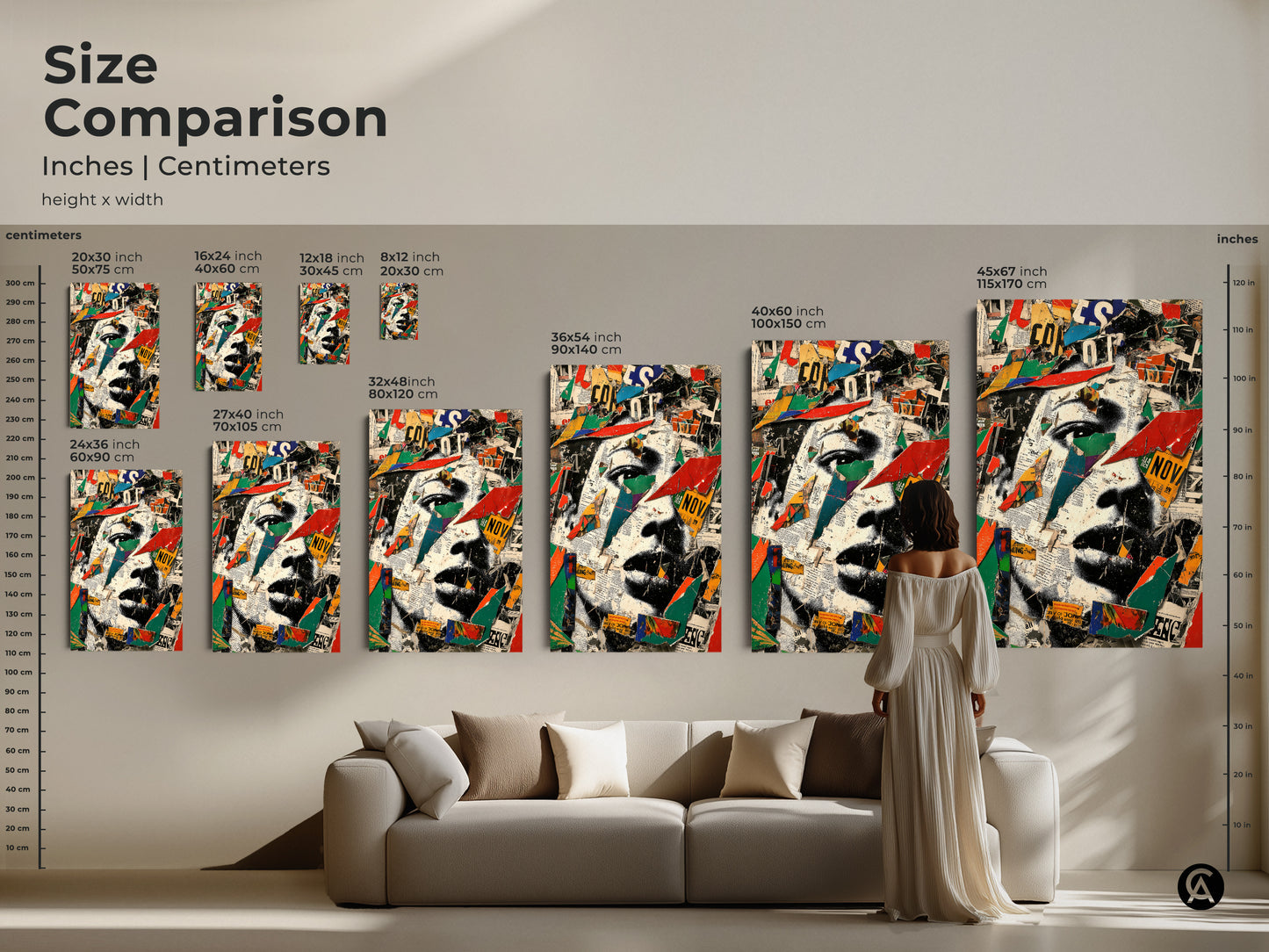 Size comparison of mixed media collage art prints in inches and centimeters. Visualize the artwork in various sizes. Perfect for adding an eclectic touch to your home or office with this abstract portrait.