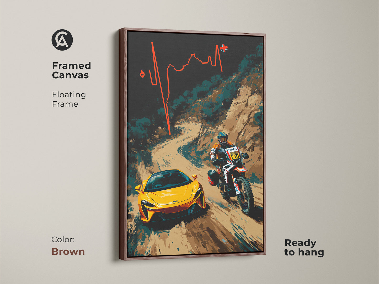 Enhance your home decor with this framed canvas print. The rich brown floating frame accentuates the abstract motorcycle art. The artwork shows a yellow sports car and dirt bike rider racing dynamically. Ready to hang adding a touch of modern elegance to any room. Perfect for motorsport enthusiasts seeking sophisticated wall art.