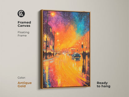 Add a touch of elegance to your walls with this framed canvas artwork. The floating frame in antique gold enhances the artwork. This artwork showcases a vibrant city street scene at night. The warm colors create a cozy atmosphere. Ready to hang and admire. Upgrade your home decor today.