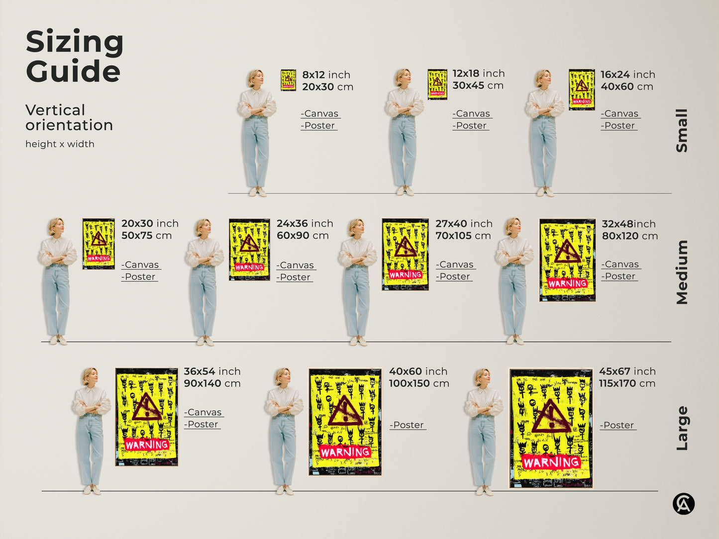Sizing guide for urban street art canvas prints and posters. Visualize the art in various sizes with a person for scale. The yellow and black graffiti neo-expressionism wall art features a red warning sign. Find the ideal size for your space whether small medium or large.