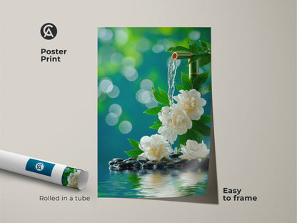 This is a poster print of zen inspired artwork. The poster is easy to frame. It features white peonies a bamboo fountain and serene water flowing over stones. Rolled in a tube for protection. This poster art brings a calming aesthetic to your home decor.