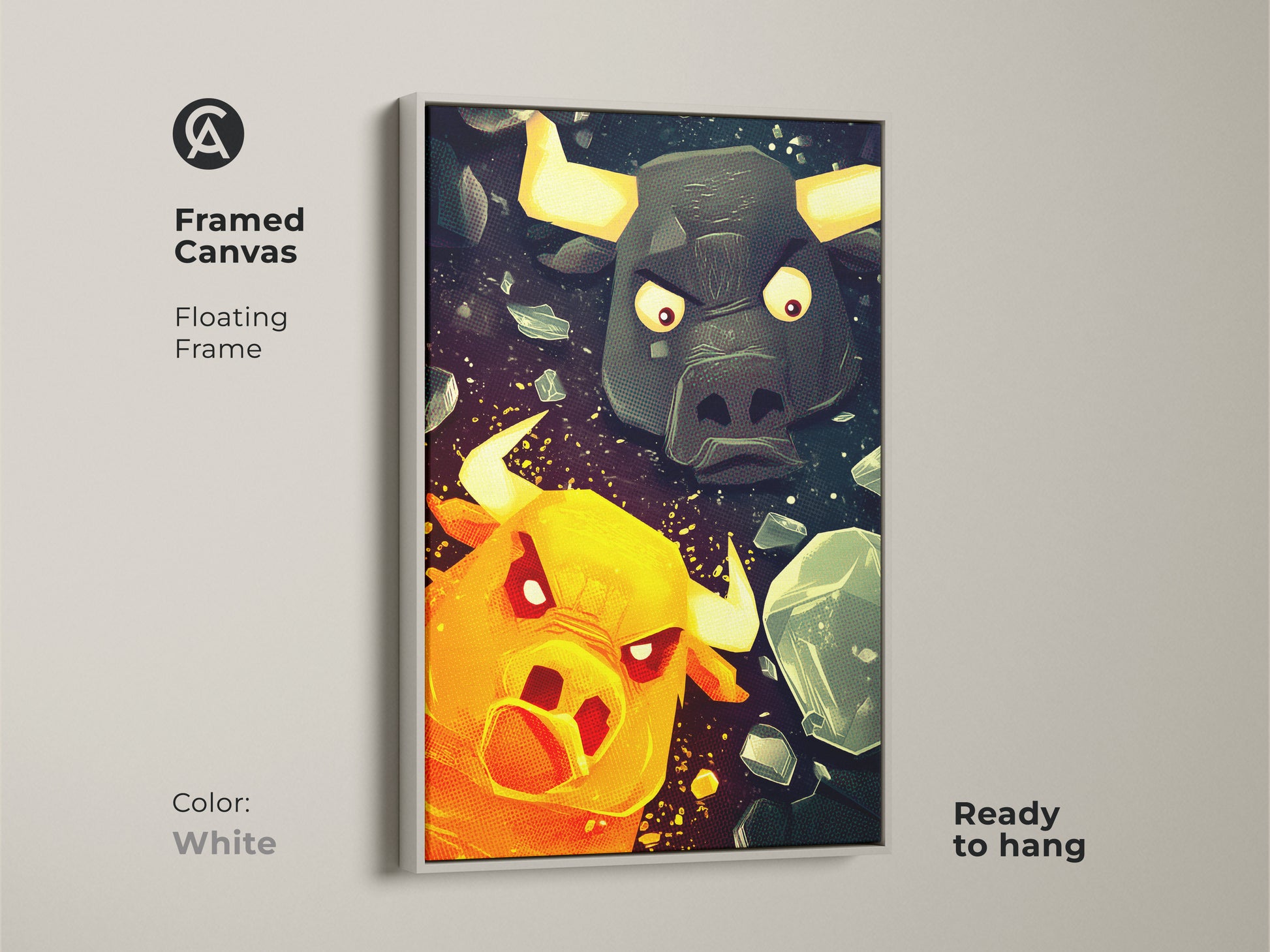This framed canvas art displays a striking Minotaur and Bull. Presented in a floating white frame and is ready to hang. The orange yellow and teal fantasy art is a unique gift for game fans. It will add an eclectic touch to any gaming room or office space.