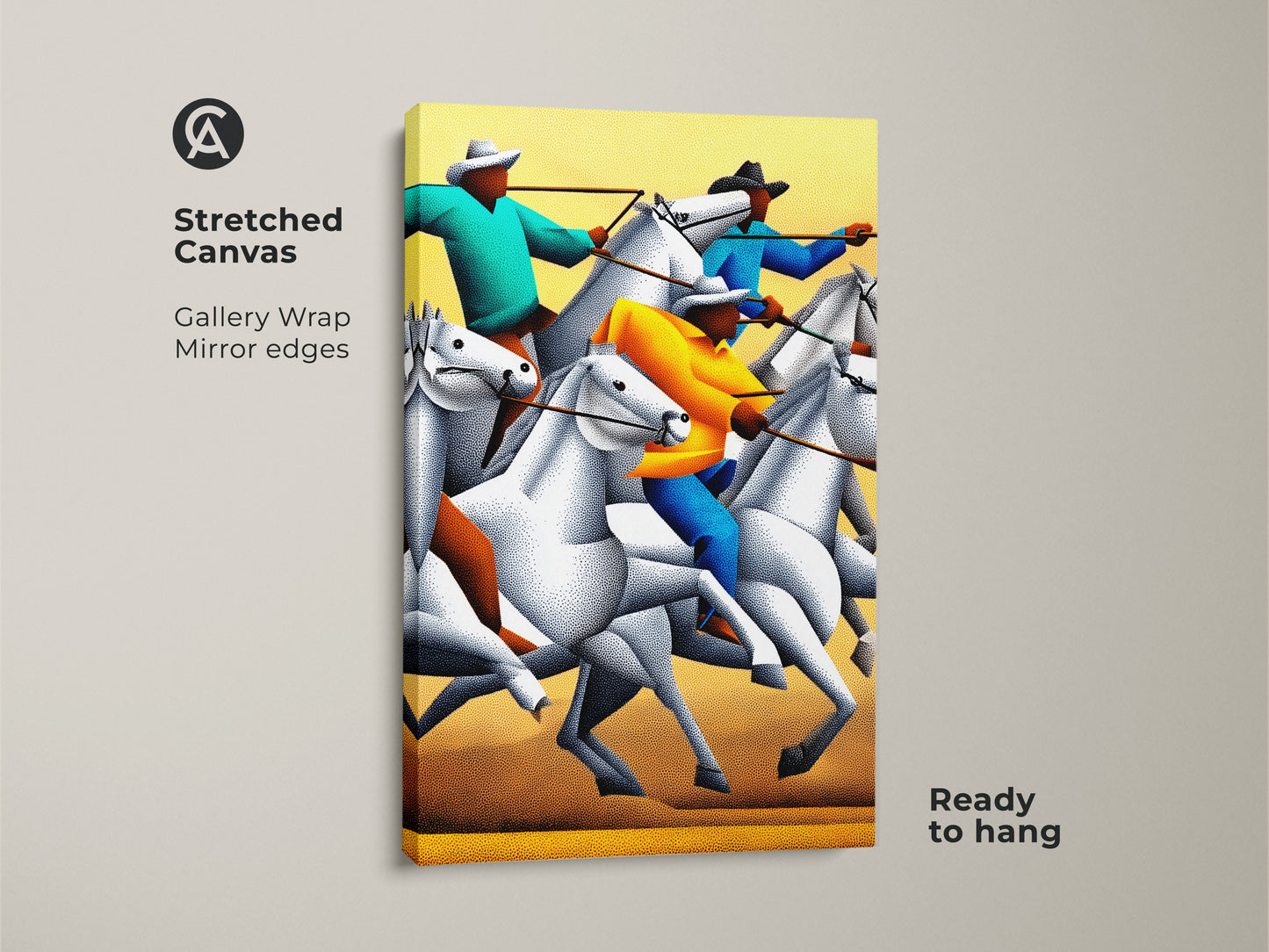 Stippled figurative wall art on stretched canvas is displayed. Gallery wrapped with mirrored edges this eclectic home decor print is ready to hang. The animal action canvas art showcases a western horse rider. This colorful abstract horse art is a unique gift idea.