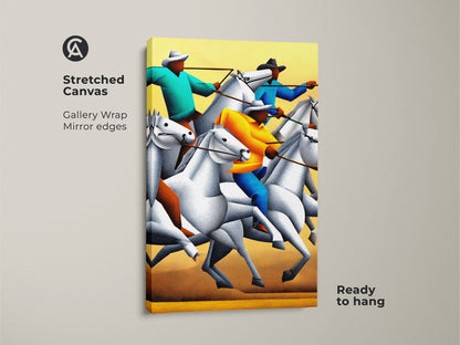 Stippled figurative wall art on stretched canvas is displayed. Gallery wrapped with mirrored edges this eclectic home decor print is ready to hang. The animal action canvas art showcases a western horse rider. This colorful abstract horse art is a unique gift idea.