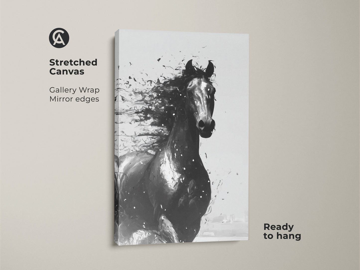 Stretched canvas of abstract horse art. Monochrome horse wall art for bedroom decor. Ready to hang equine art brings modern style. Gallery wrapped with mirrored edges. Ideal for equestrian homes.