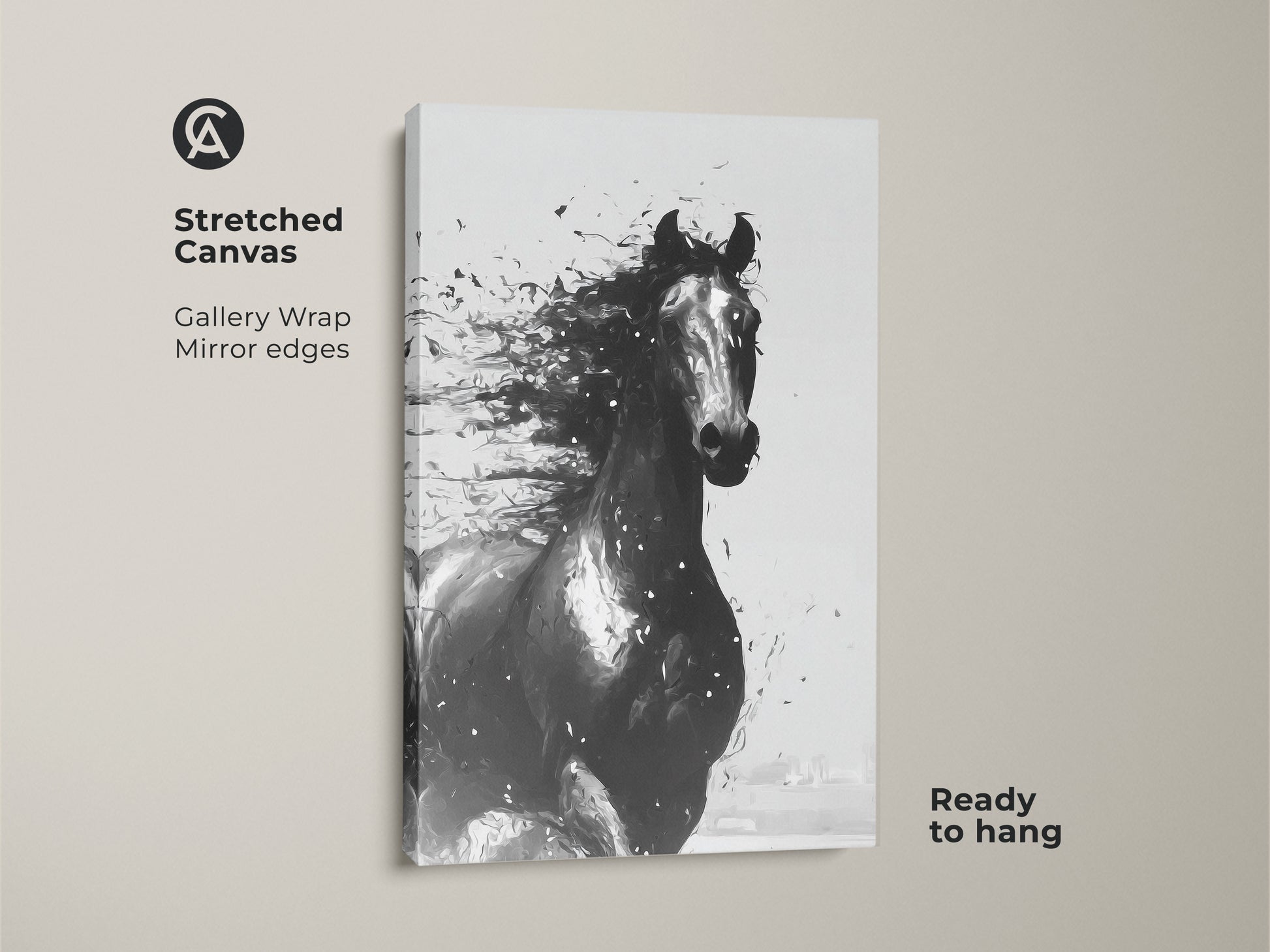 Stretched canvas of abstract horse art. Monochrome horse wall art for bedroom decor. Ready to hang equine art brings modern style. Gallery wrapped with mirrored edges. Ideal for equestrian homes.