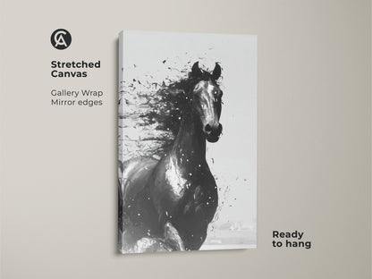 Stretched canvas of abstract horse art. Monochrome horse wall art for bedroom decor. Ready to hang equine art brings modern style. Gallery wrapped with mirrored edges. Ideal for equestrian homes.