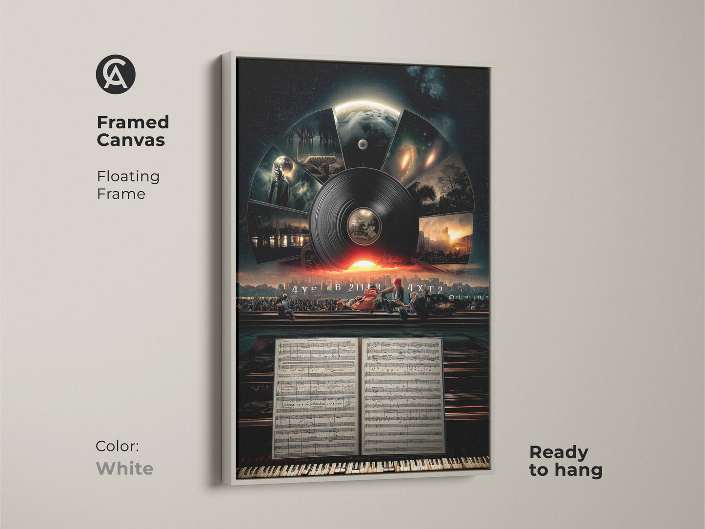 Framed canvas shows a floating frame in white color creating a clean look. Ready to hang conceptual space artwork features a surreal music cityscape a modern twist on sheet music artwork.