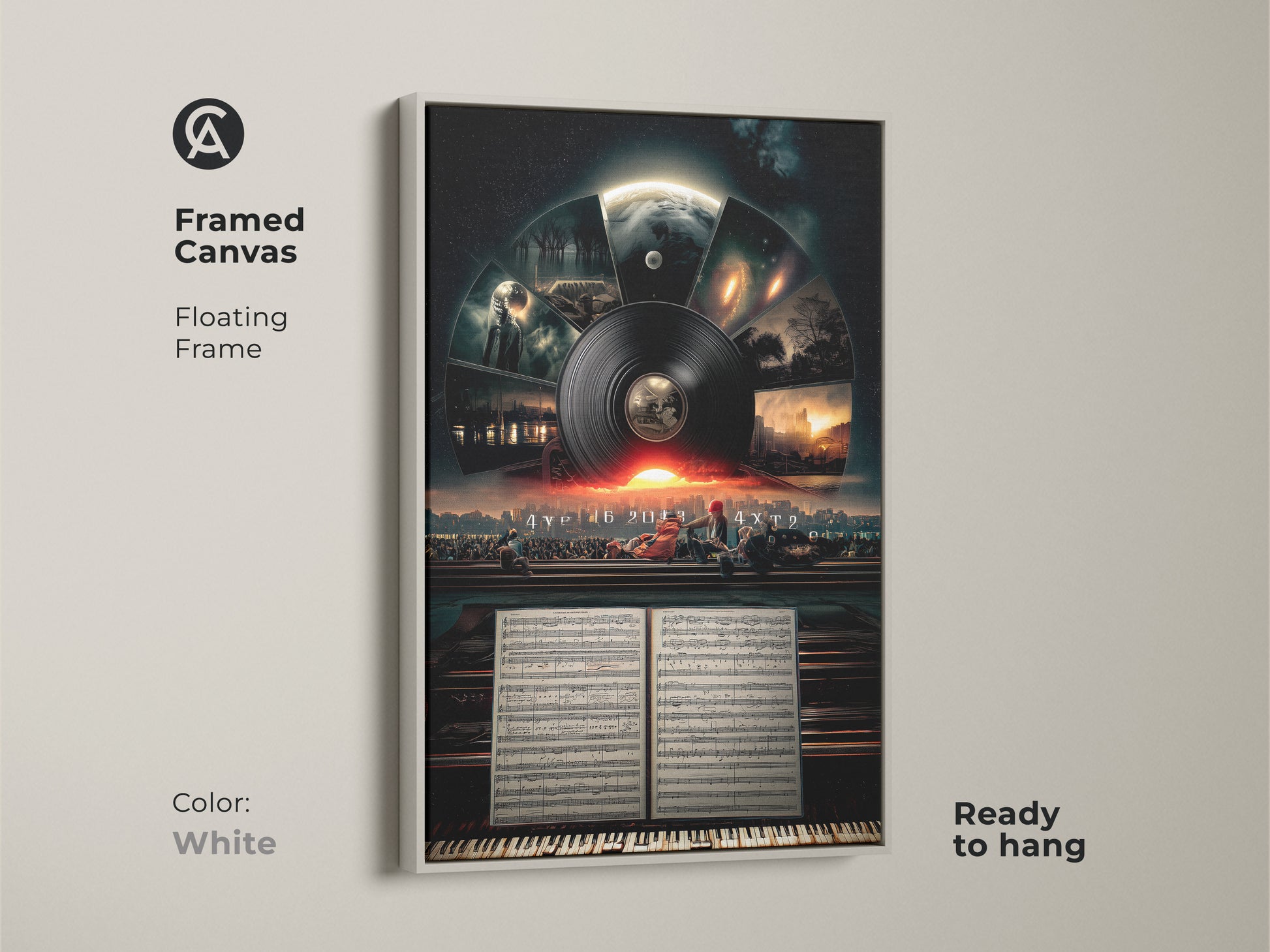 Framed canvas shows a floating frame in white color creating a clean look. Ready to hang conceptual space artwork features a surreal music cityscape a modern twist on sheet music artwork.