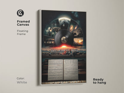 Framed canvas shows a floating frame in white color creating a clean look. Ready to hang conceptual space artwork features a surreal music cityscape a modern twist on sheet music artwork.