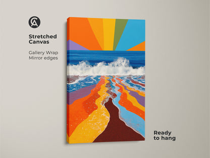 Stretched canvas showcases abstract beach wall art. Rainbow waves create a geometric seascape. Mirror edges enhance this modern coastal decor. It's ready to hang and adds a vibrant touch.