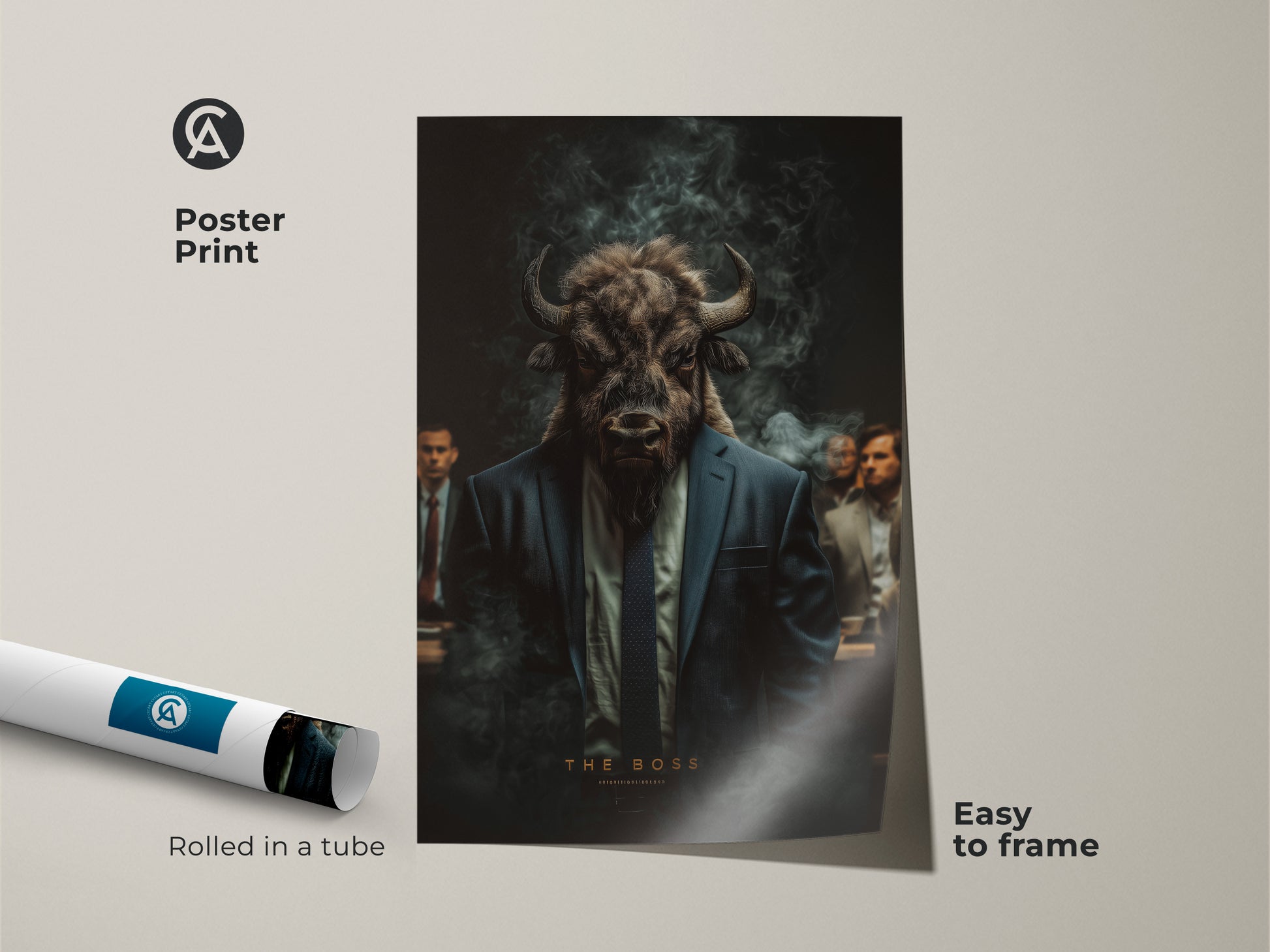 Poster print of a bull-headed man in a suit. This artwork is easy to frame. Rolled in a tube for protection. Ideal for modern art enthusiasts. A powerful statement piece for any space. Show off your unique taste.