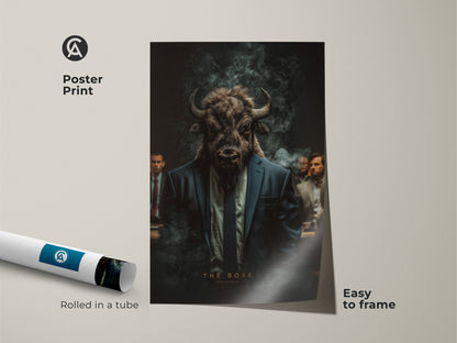 Poster print of a bull-headed man in a suit. This artwork is easy to frame. Rolled in a tube for protection. Ideal for modern art enthusiasts. A powerful statement piece for any space. Show off your unique taste.