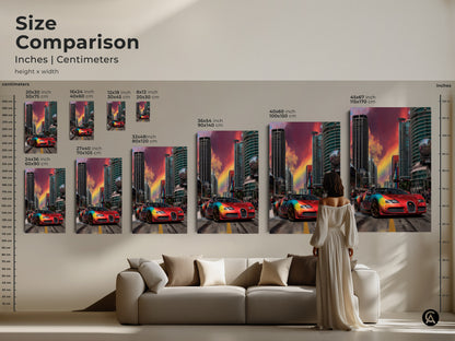 Size comparison of the abstract rainbow sports car art. See how the red sports car art fits above a couch. Available in various sizes from small to large. This modern car art adds color and energy to any room. The urban graffiti artwork is perfect for car lovers. This size comparison helps visualize the canvas print in your space. Find the perfect automotive themed decor.