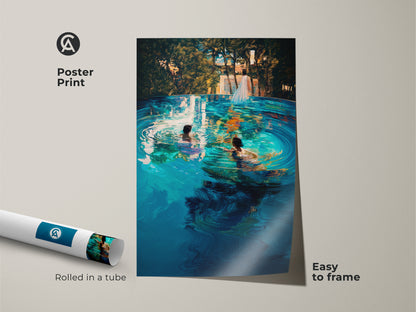Poster print of turquoise infinity pool art is rolled in a tube. The art features a couple swimming. Its blue green hues add serenity to any space. Easy to frame it's a stylish addition to your wall decor.