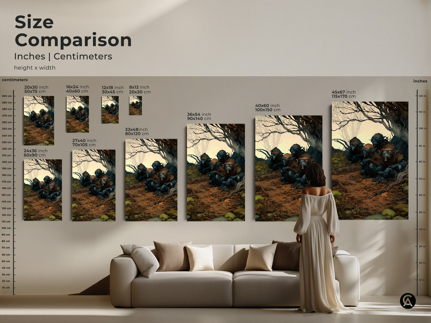 Size comparison of goblin art prints in inches and centimeters. See the mythical beast art scaled for different wall sizes. The display showcases various print sizes. A beautiful earth tone creature art.