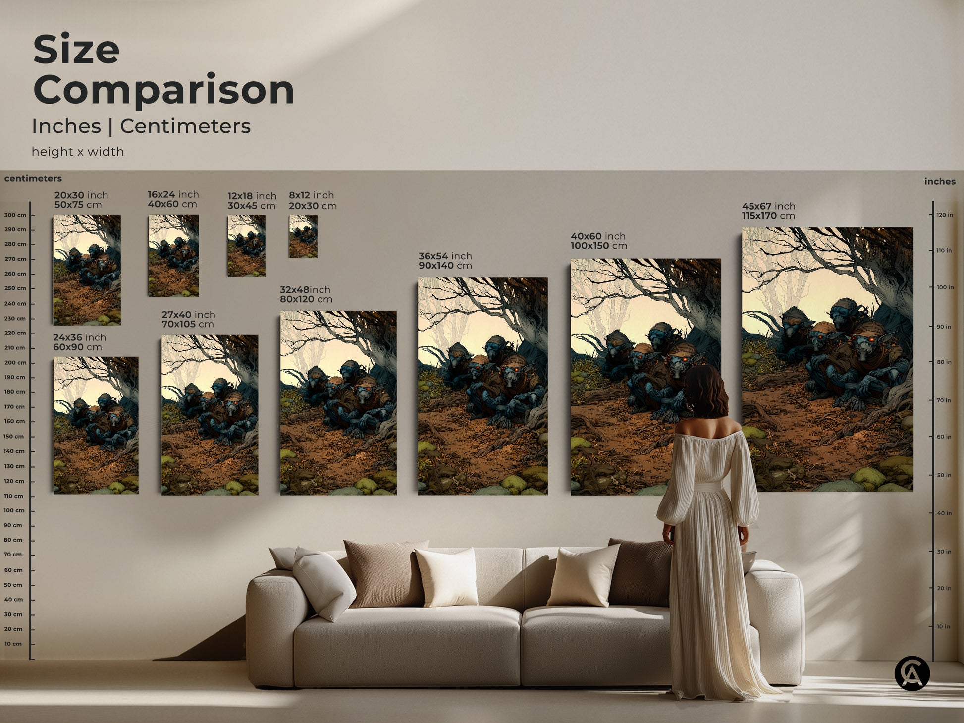 Size comparison of goblin art prints in inches and centimeters. See the mythical beast art scaled for different wall sizes. The display showcases various print sizes. A beautiful earth tone creature art.