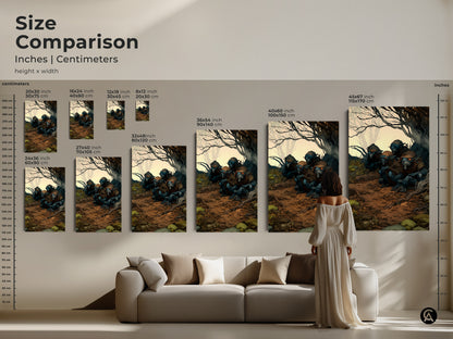Size comparison of goblin art prints in inches and centimeters. See the mythical beast art scaled for different wall sizes. The display showcases various print sizes. A beautiful earth tone creature art.