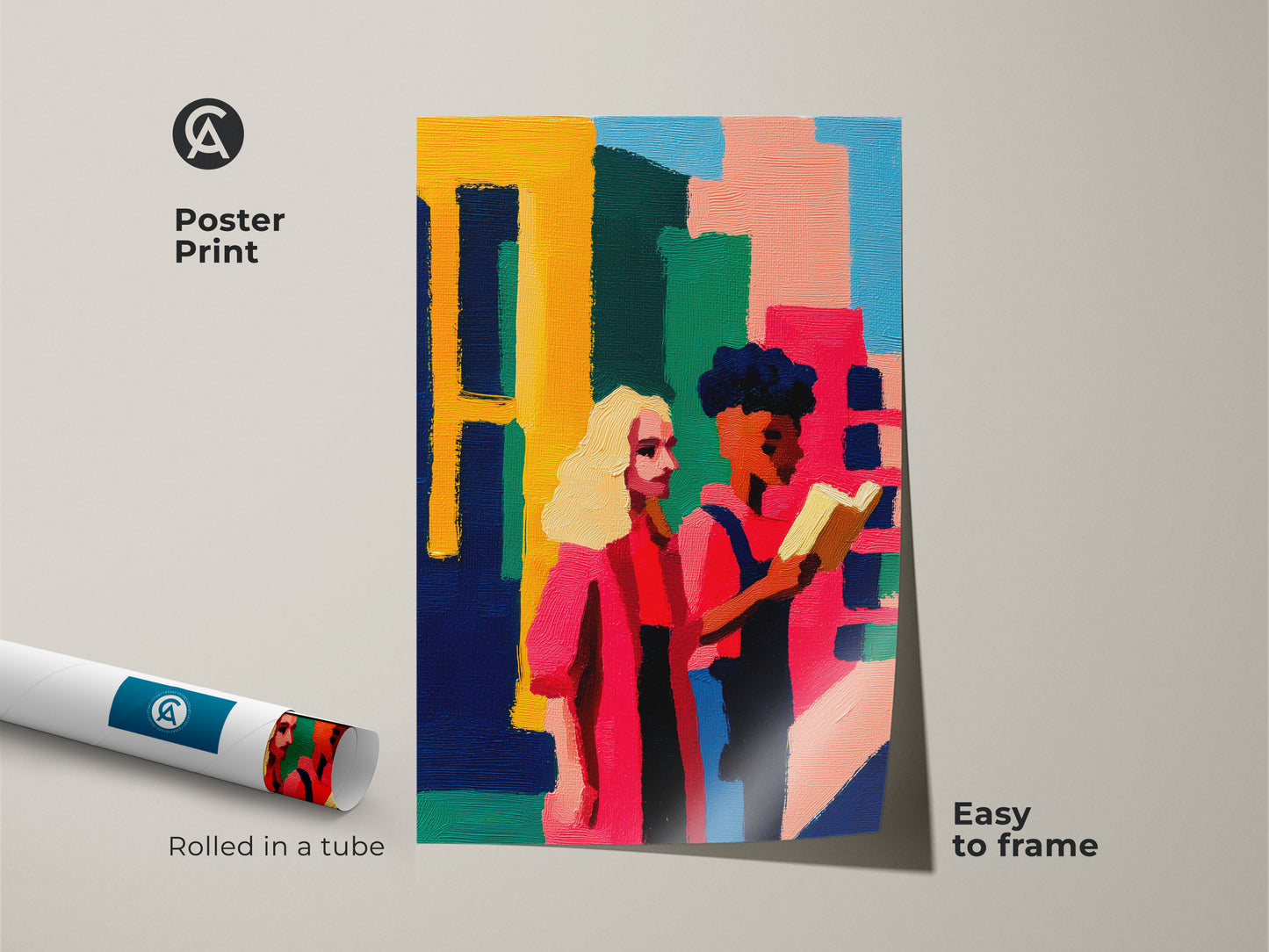 Poster print of people reading abstract figurative artwork. It is rolled in a tube and easy to frame. This contemporary yellow pink green art makes a great gift for book lovers. This urban scene wall decor will make any room pop