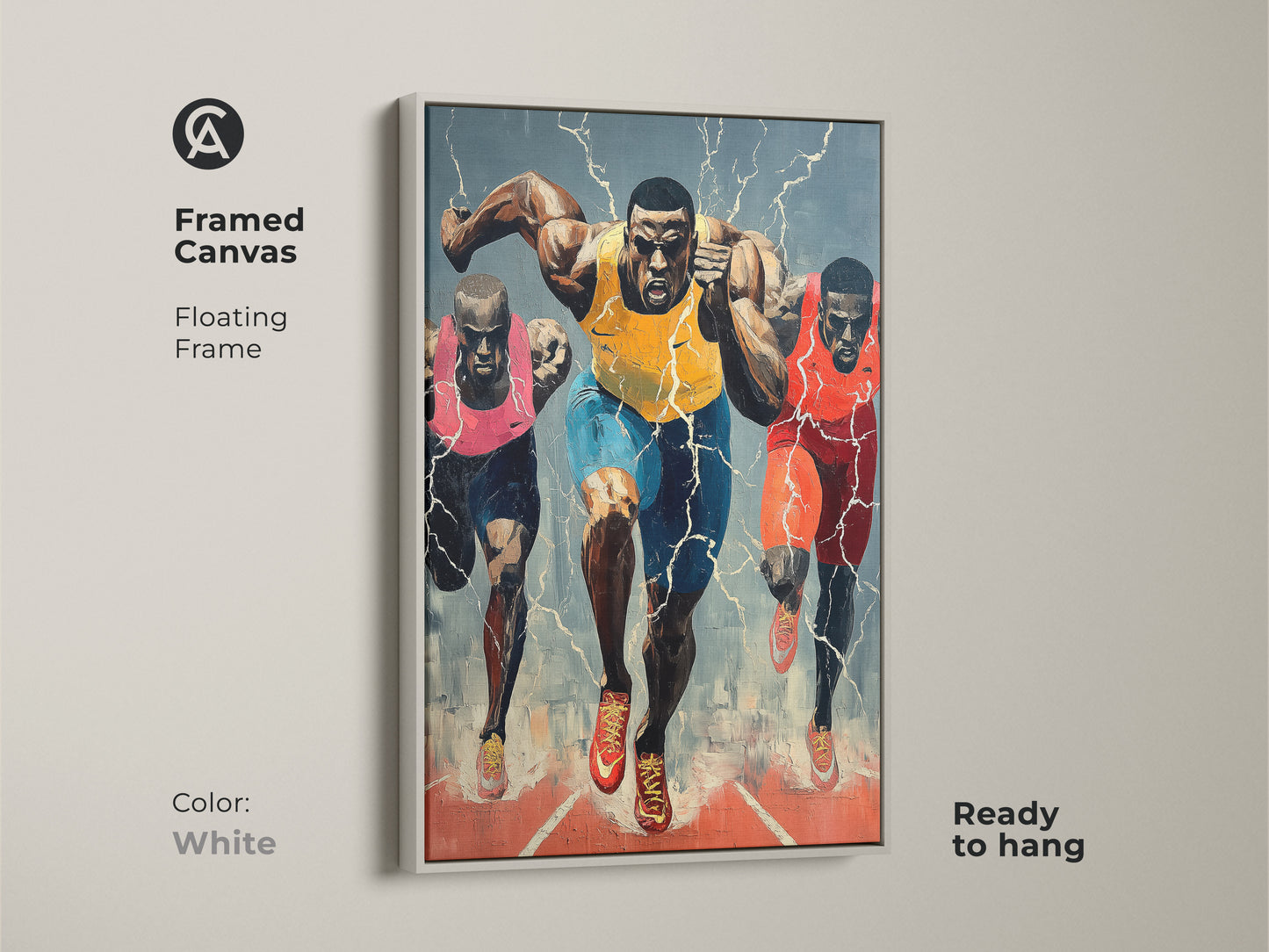 Framed canvas showcasing dynamic running canvas art. White floating frame provides a clean modern look to the expressionist sports print. Ready to hang. Great for any sports themed decor.