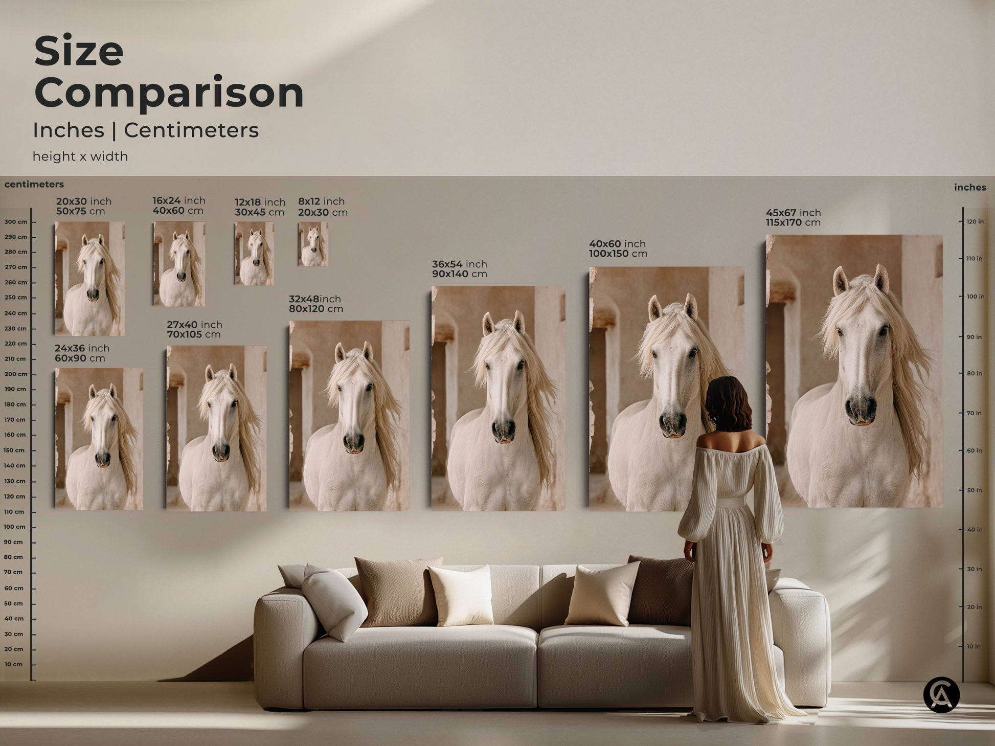 Size comparison of farmhouse white horse canvas art in inches and centimeters. See how different sizes fit above a sofa. Perfect cream beige wall decor for animal lovers.