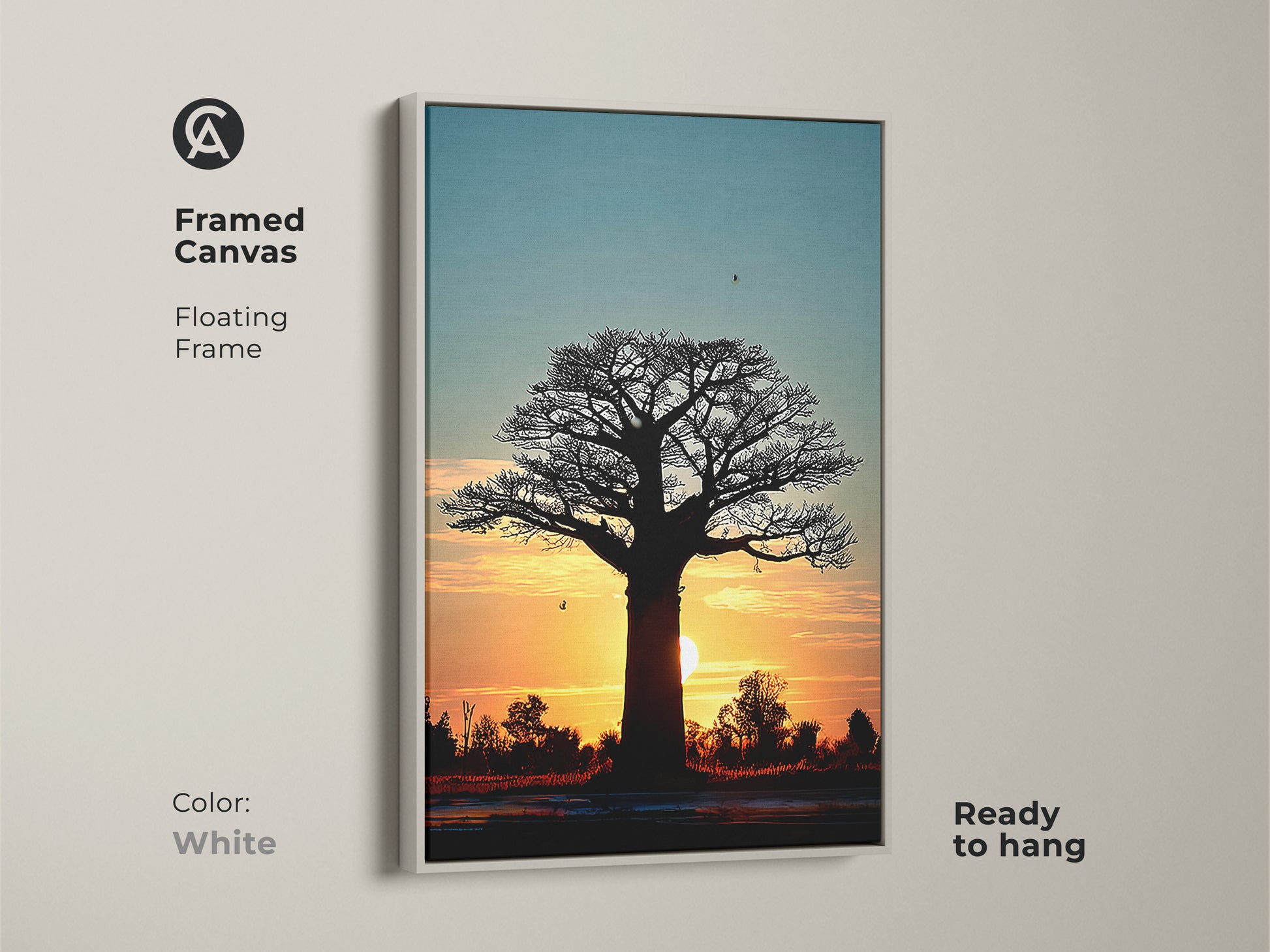 White framed canvas print of a sunset baobab tree. This minimalist landscape art is ready to hang. The clean frame enhances the coastal boho wall art. A serene addition to any space.