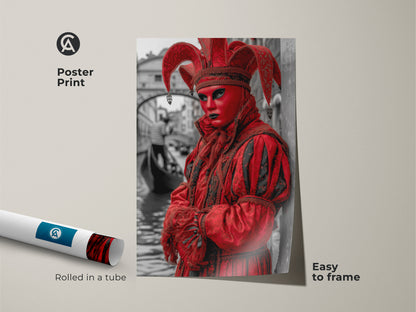 Vivid red Jester poster print showcasing Venetian carnival artwork. This theatrical Italian scene comes rolled in a tube making it easy to frame. The unique wall hanging art is perfect for eclectic home decor and as a travel gift for explorers.