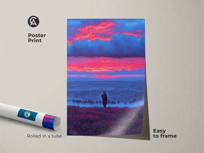 This poster print showcases a surreal skyscape artwork. A lone figure stands in a misty valley under a dramatic crimson and blue sunset. Easy to frame this artistic figurative painting adds wanderlust wall decor to any room. A perfect artistic home accent.