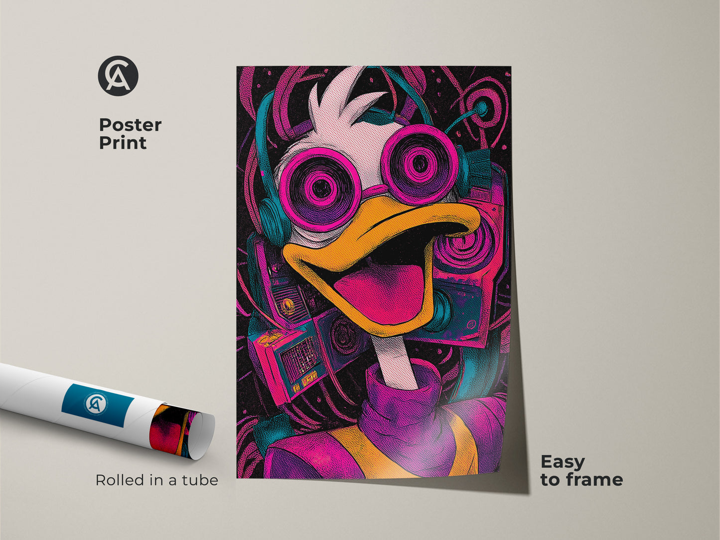 Poster print featuring a vibrant Donald Duck character. The art shows a cartoon duck with headphones and a retro boombox. Rolled in a tube for protection. It's easy to frame and display.