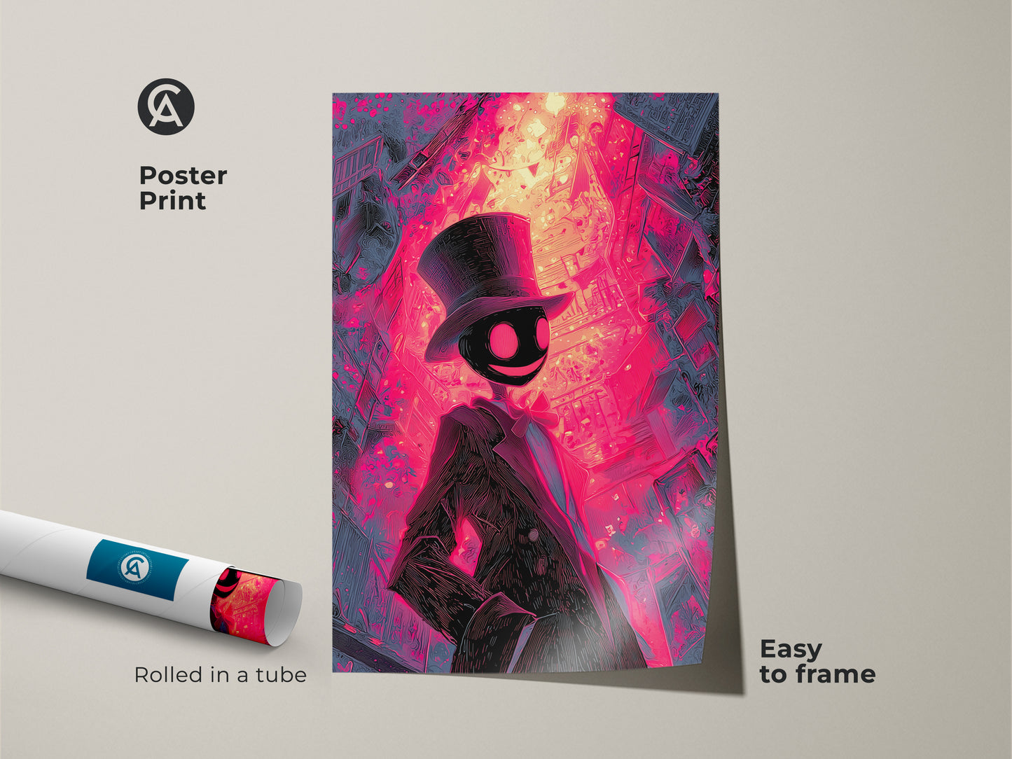 Poster print of a figure in a top hat art piece. A bright cityscape is in the background with pink and purple hues. This poster print is easy to frame. It arrives rolled in a tube for protection.