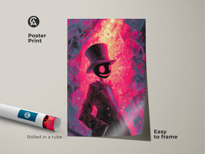Poster print of a figure in a top hat art piece. A bright cityscape is in the background with pink and purple hues. This poster print is easy to frame. It arrives rolled in a tube for protection.