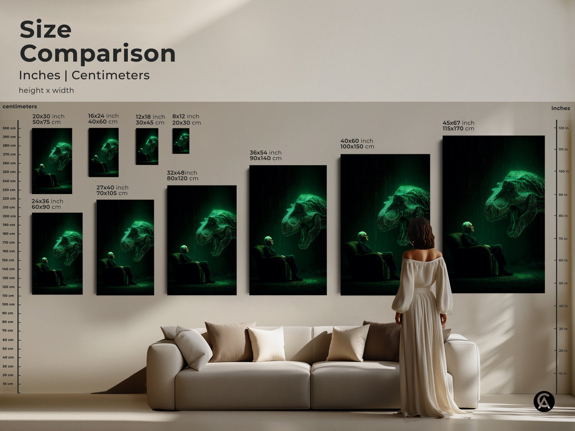 Compare sizes and visualize this artwork in your space. This size comparison guide shows different dimensions in inches and centimeters. Choose the ideal fit for your home. Featuring a man facing a luminous T-Rex head.