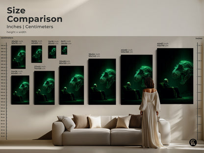 Compare sizes and visualize this artwork in your space. This size comparison guide shows different dimensions in inches and centimeters. Choose the ideal fit for your home. Featuring a man facing a luminous T-Rex head.