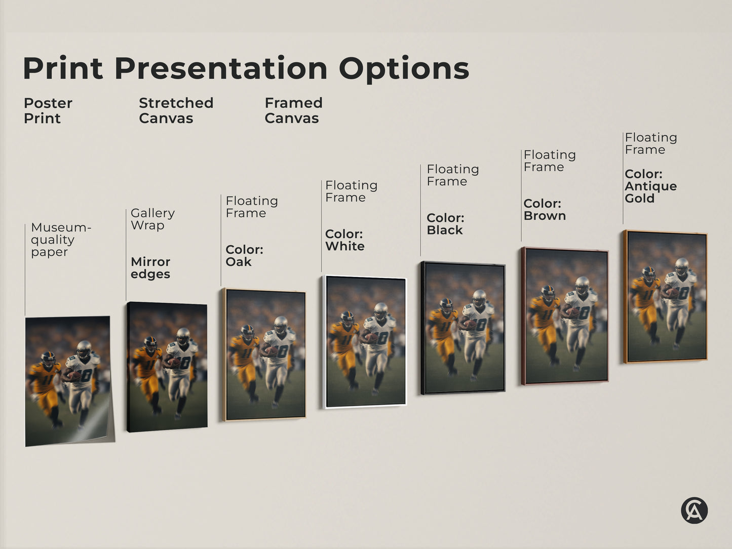 Explore print presentation options for modern football art. Choose from poster prints stretched canvas or framed canvas. Transform your man cave or office with dynamic sports artwork today.