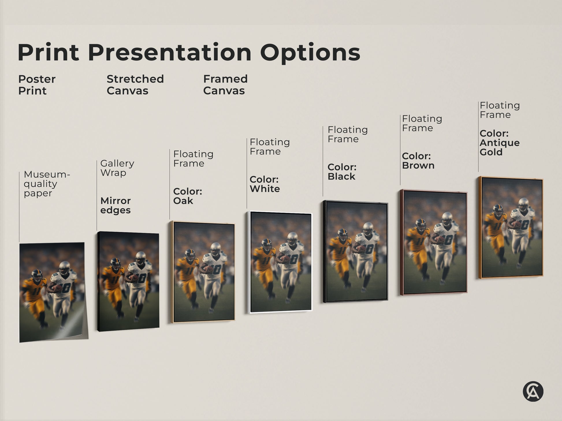 Explore print presentation options for modern football art. Choose from poster prints stretched canvas or framed canvas. Transform your man cave or office with dynamic sports artwork today.